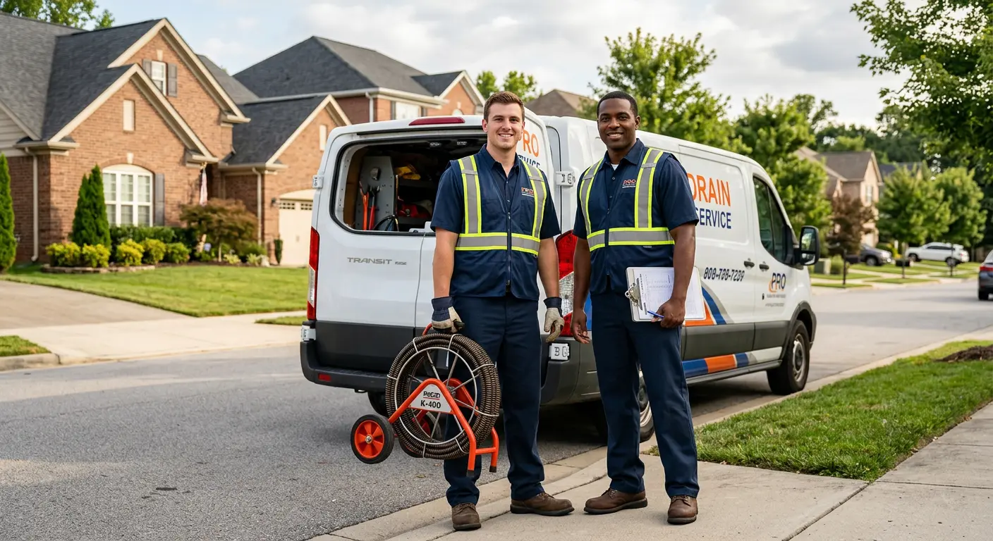 Sewer and drain service team with equipment ready for work in Petal
