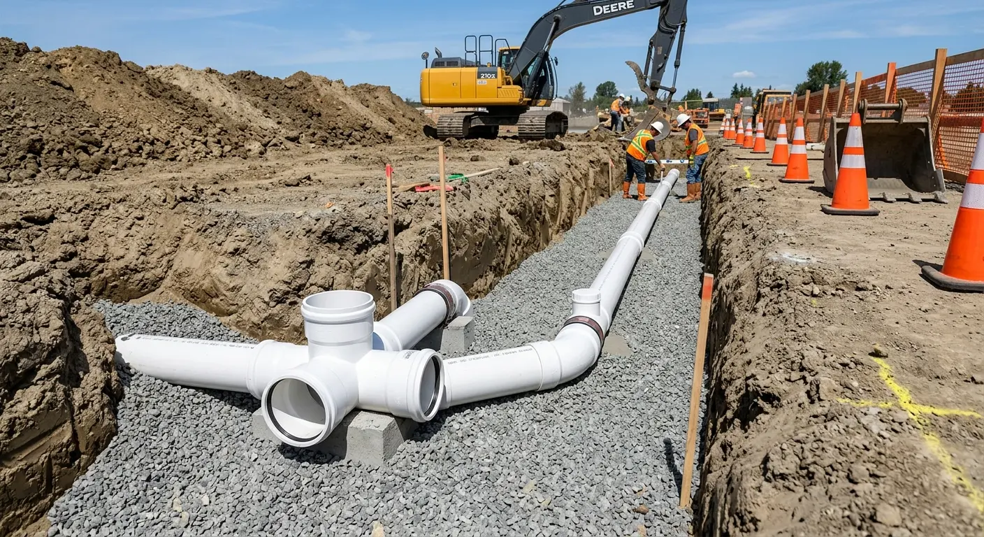New PVC sewer pipe installation in open trench for Sewer Backup in Petal