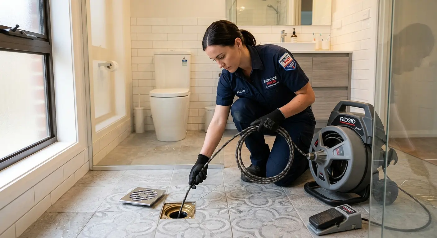Technician clearing a bathroom floor drain for Drain Cleaning in Petal